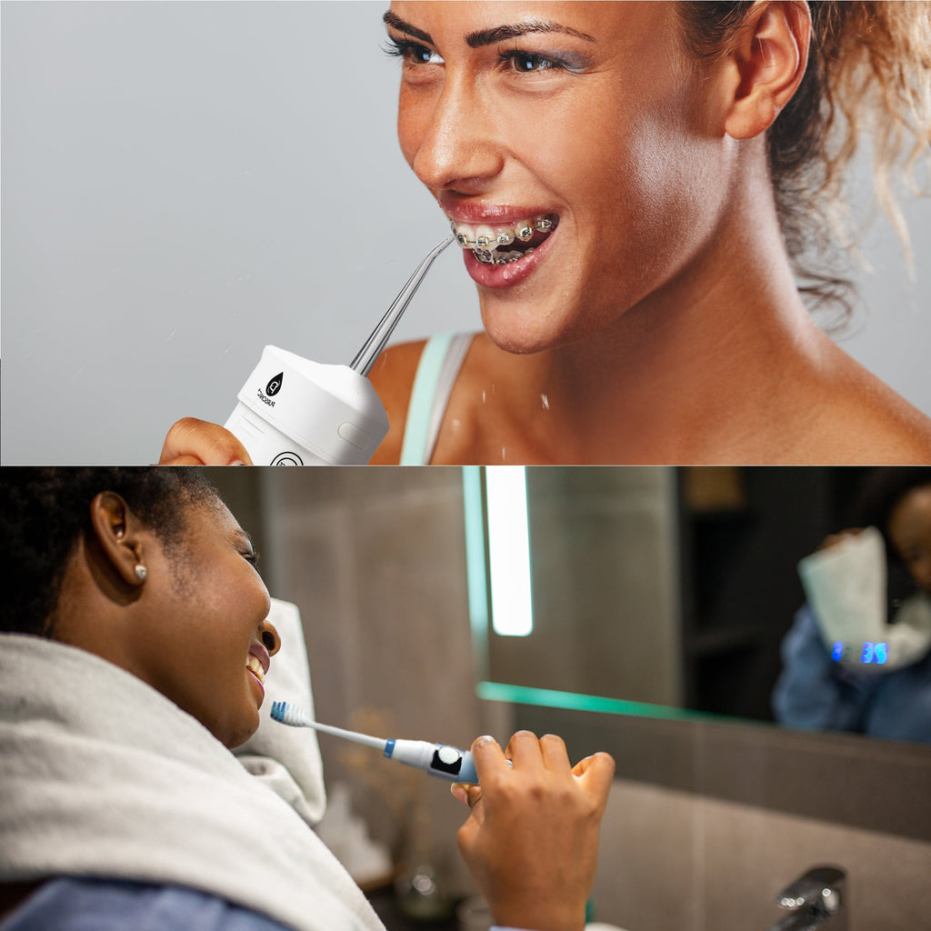 Compact Travel Oral Care Bundle: Portable USB Rechargeable Collapsible Water Flosser and Pursonic Portable Electric Toothbrush