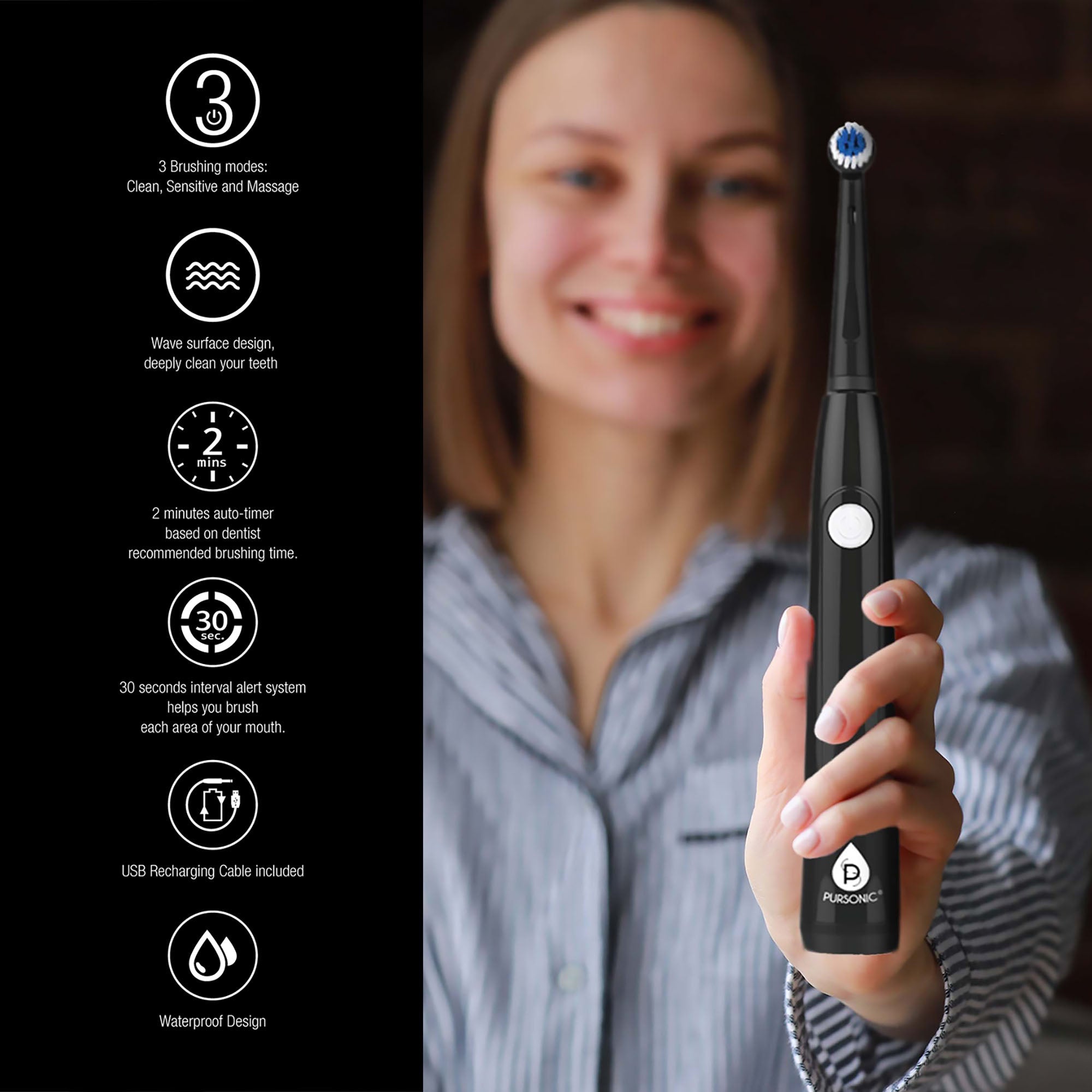 Him’s and Her’s Pursonic USB Rechargeable Rotary Toothbrush Bundle – Black & White Set with 6 Brush Heads and UV Sanitizer Design