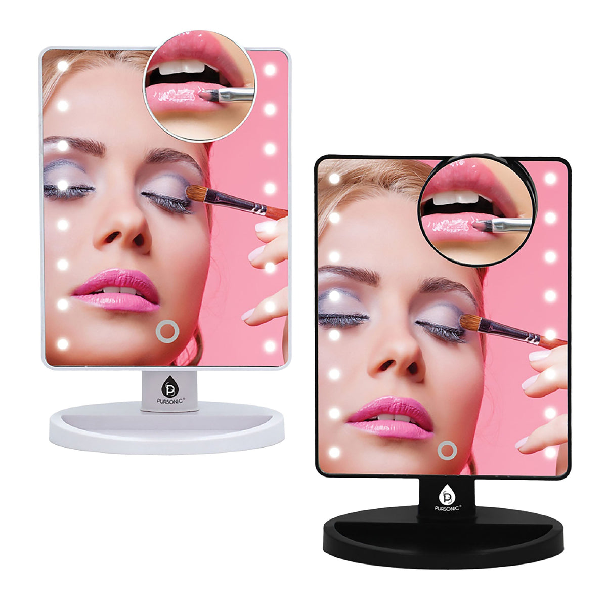 Him’s and Her’s Pursonic LED Lighted Vanity Makeup Mirror Bundle – Black & White Set with 5X Magnifying Mini Mirrors