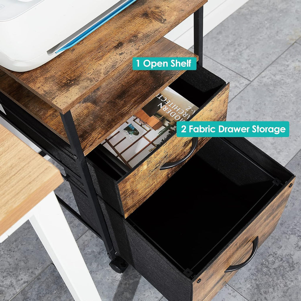 Rustic Brown Black 2 Drawer Rolling File Cabinet with Shelves D741
