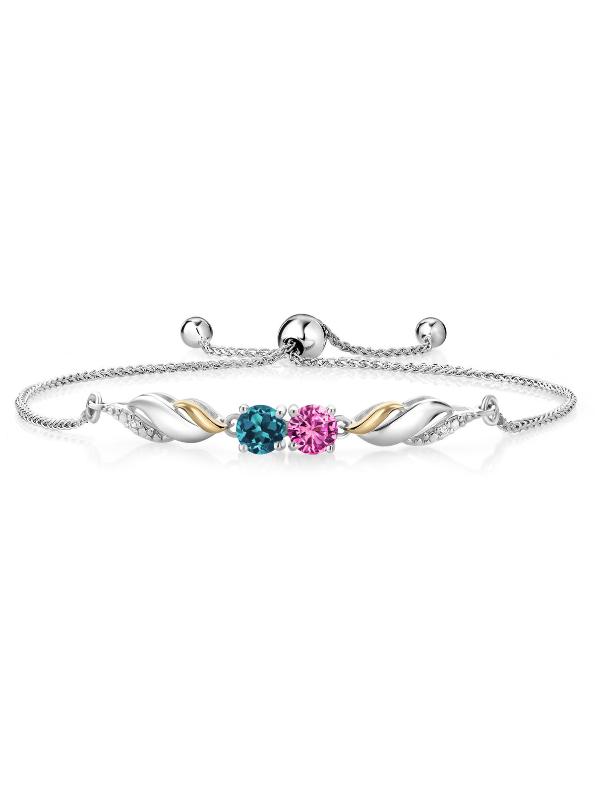 Pink Created Sapphire London Blue Topaz 925 Silver 10K Yellow Gold Lab Grown Diamond Bracelet B722