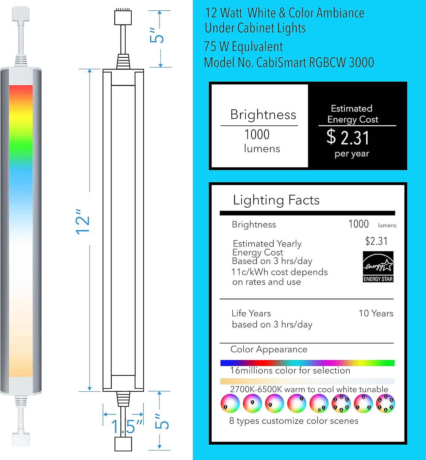 Under Cabinet Lighting Strip Lights White and Multi Color Dimmable 3 Lights Bar kit Pack of 2 J19466