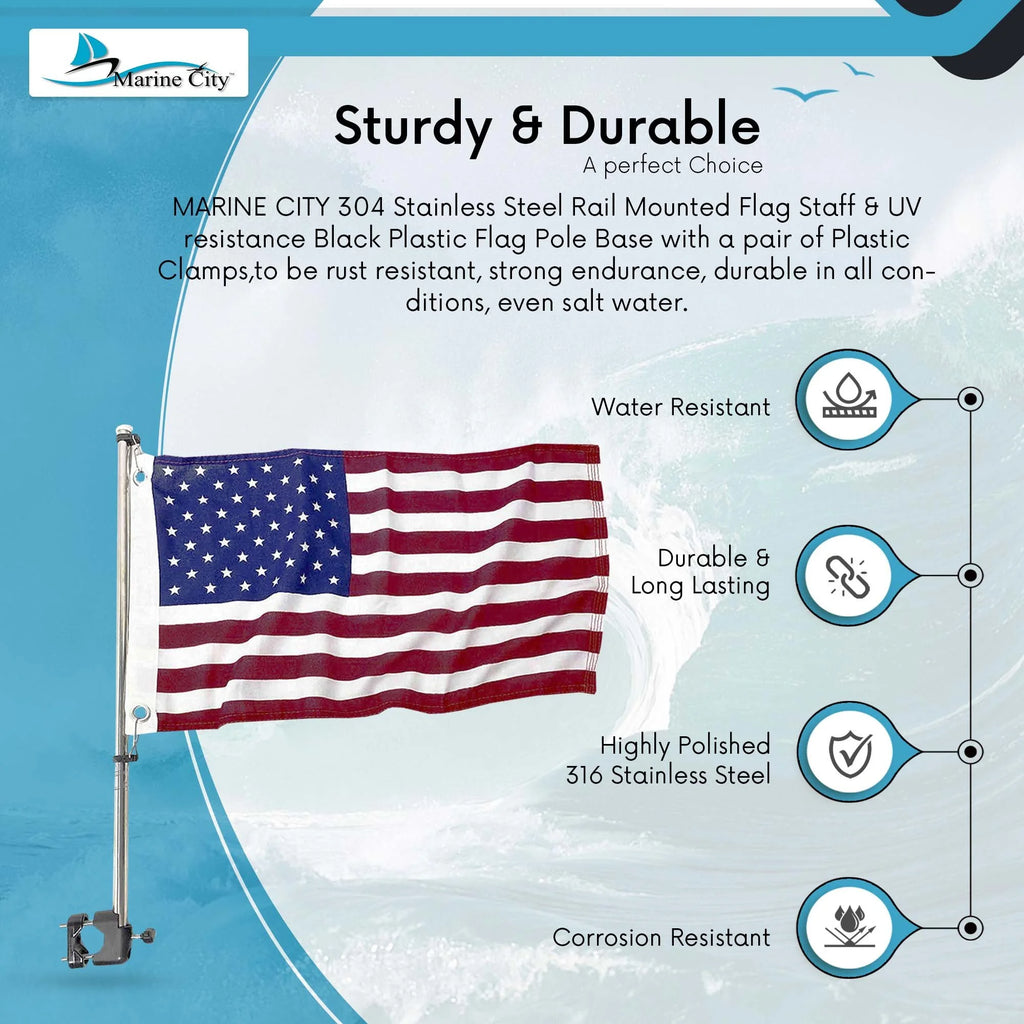 21 inch Stainless Steel Rail Mounted Flag Staff with Black Plastic Flag Pole Base and 12 X 18 inches US Flag N182832
