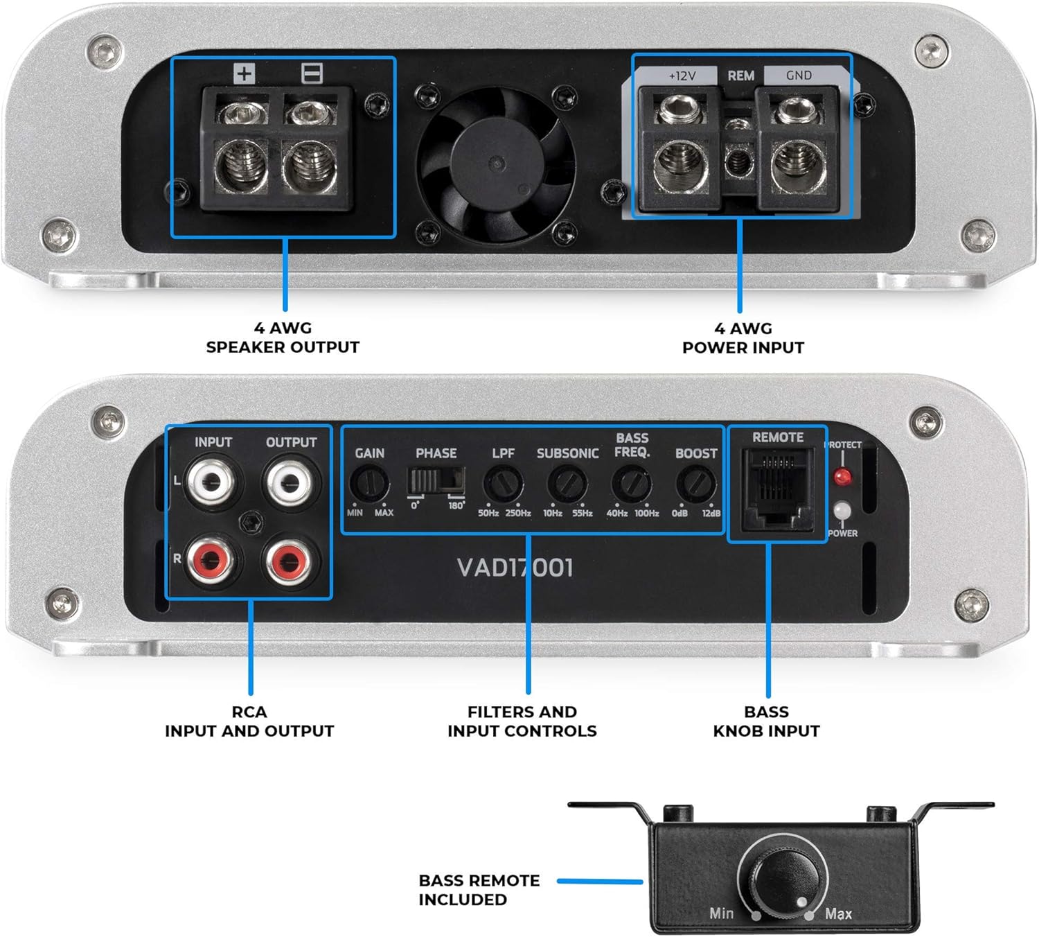 1700W RMS Class D Monoblock Amplifier with Bass Remote F60209