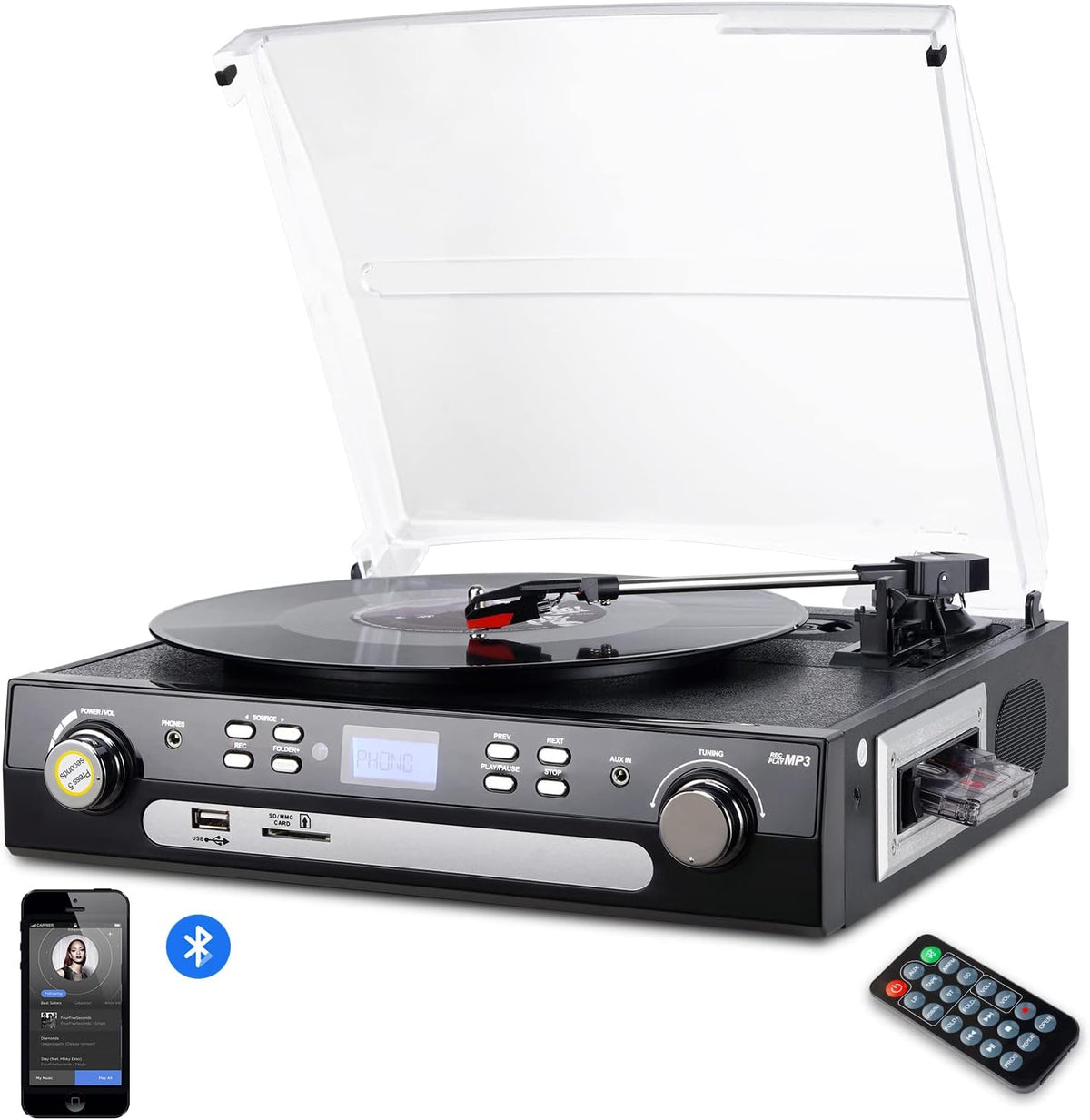 Bluetooth Record Player with Stereo Speakers, AM/FM Radio, Remote Control, Black, Pack of 2 C183671