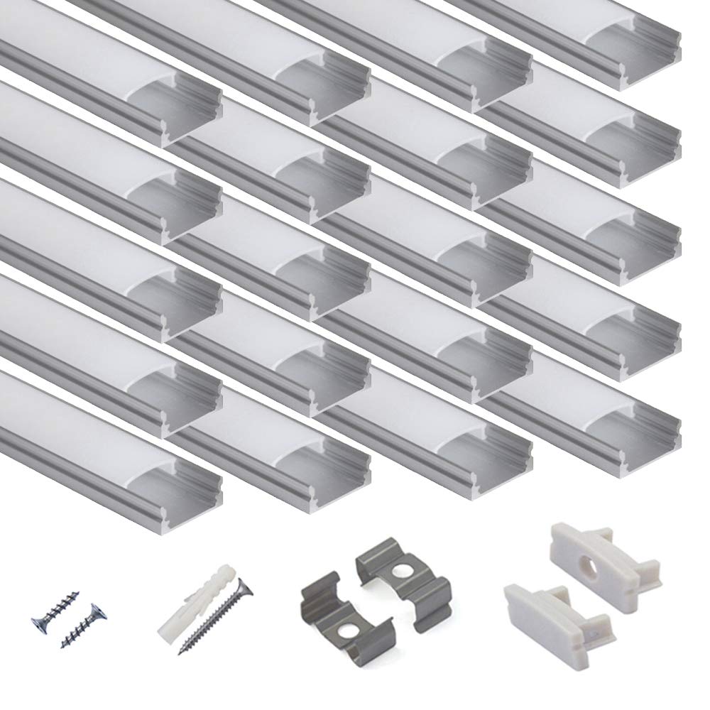 20-Pack 3.3ft U Shape LED Aluminum Channel System with Milky Cover, End Caps and Mounting Clips C466