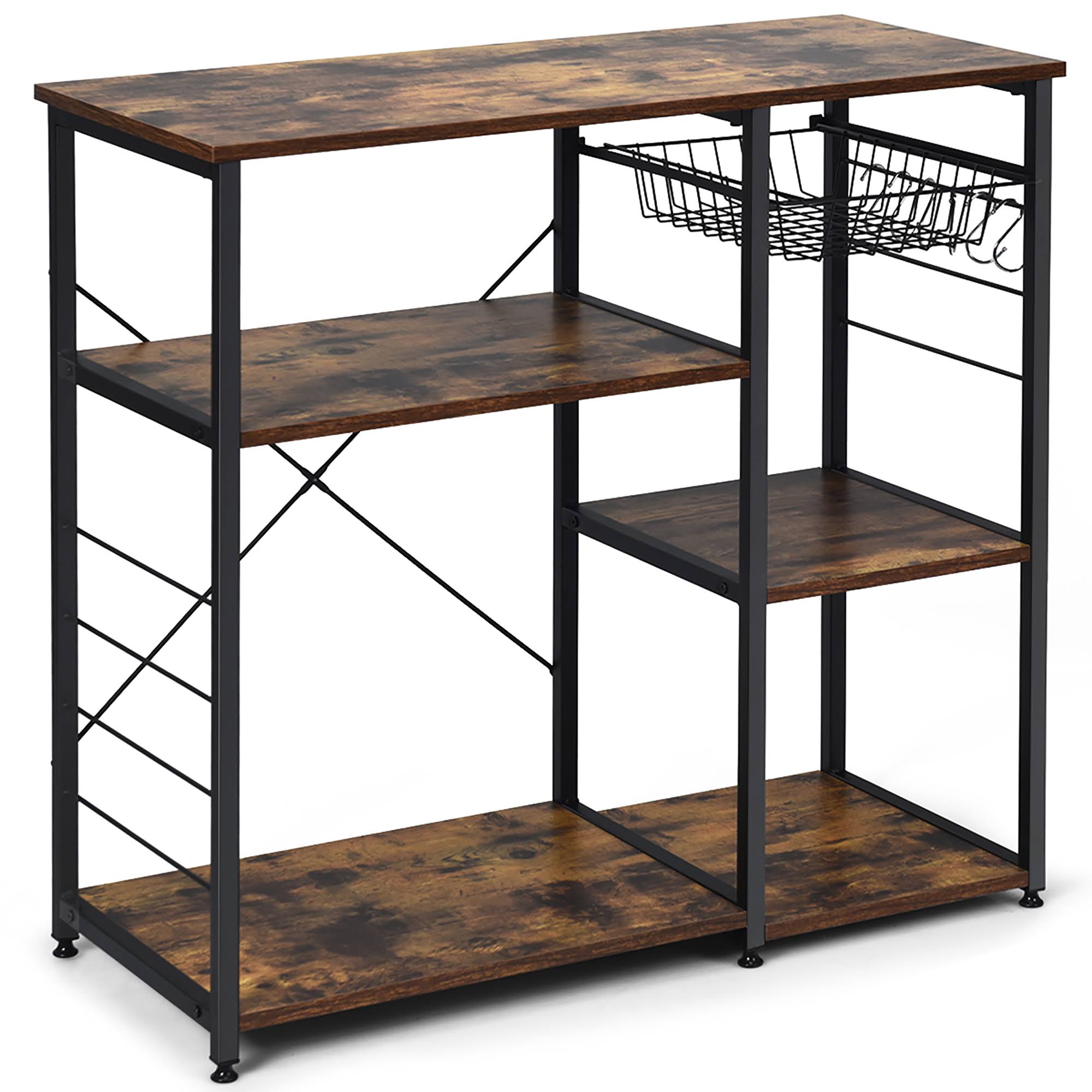Industrial Kitchen Baker's Rack Microwave Stand Utility Storage Shelf with 6 Hooks Steel Black P193