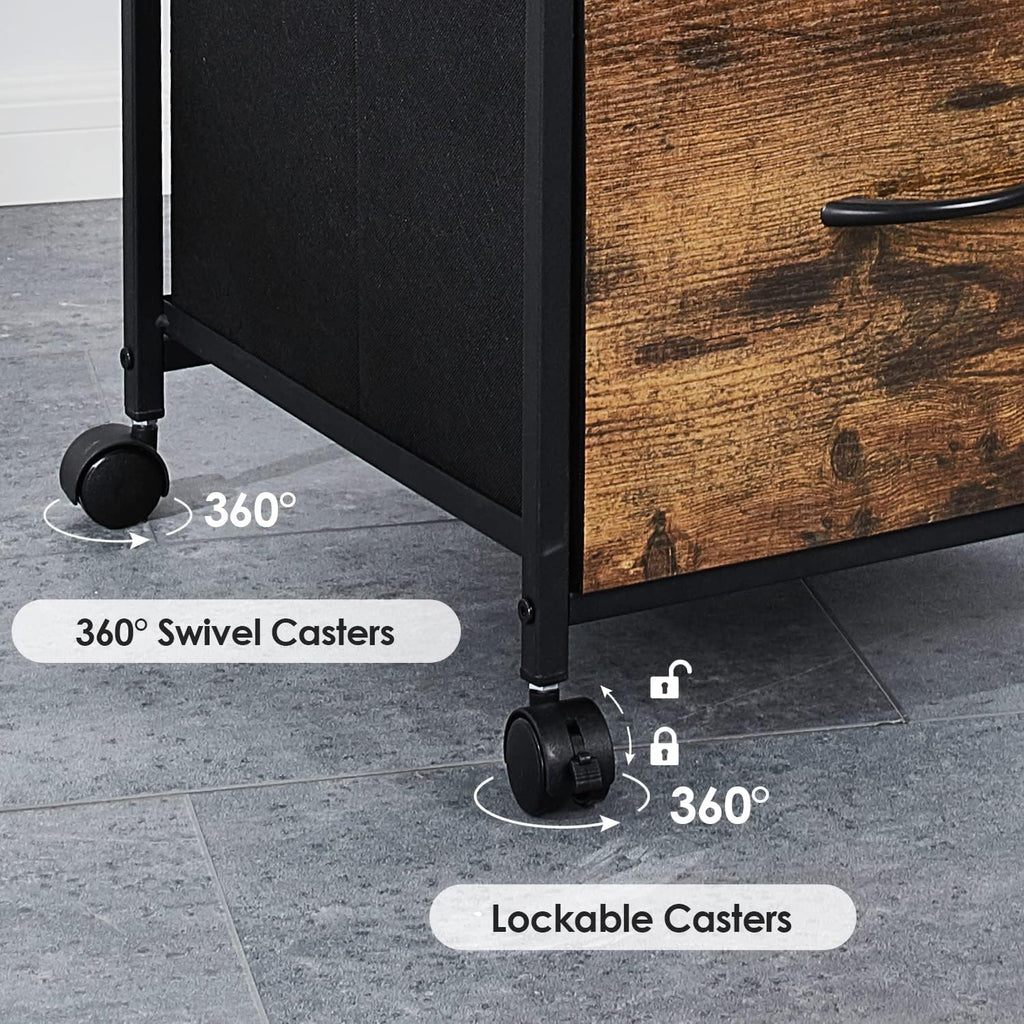 Rustic Brown Black 2 Drawer Rolling File Cabinet with Shelves D741
