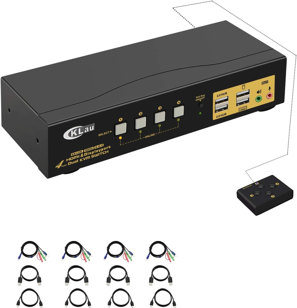 Dual Port Triple Monitor KVM Switch Displayport with Audio Output, USB 2.0 Hub and Cables T252921