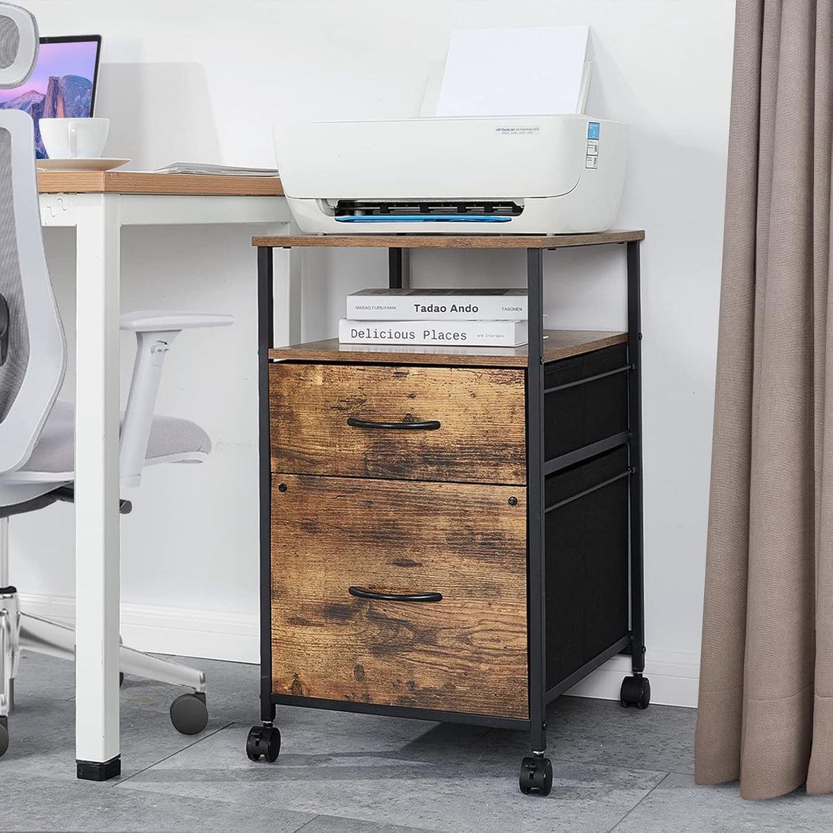 Rustic Brown Black 2 Drawer Rolling File Cabinet with Shelves D741