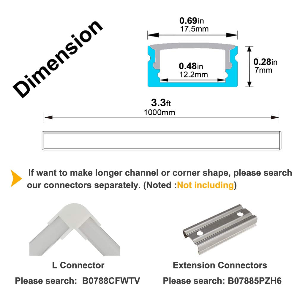 20-Pack 3.3ft U Shape LED Aluminum Channel System with Milky Cover, End Caps and Mounting Clips C466