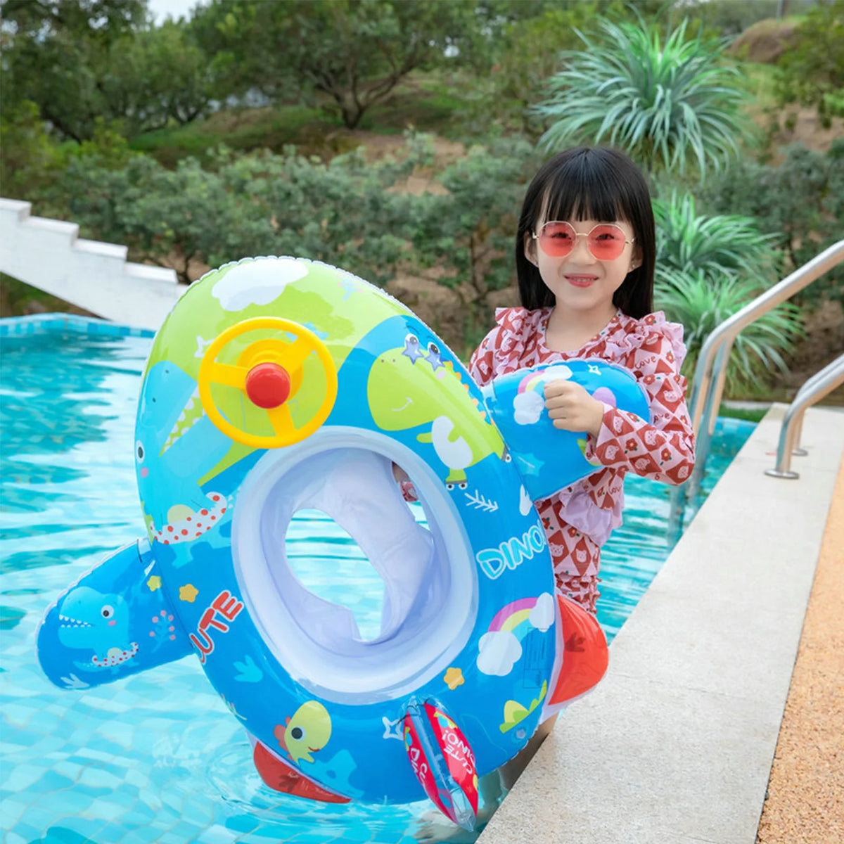 Inflatable Pool Float Ring with Steering Wheel Horn for Kids G71388