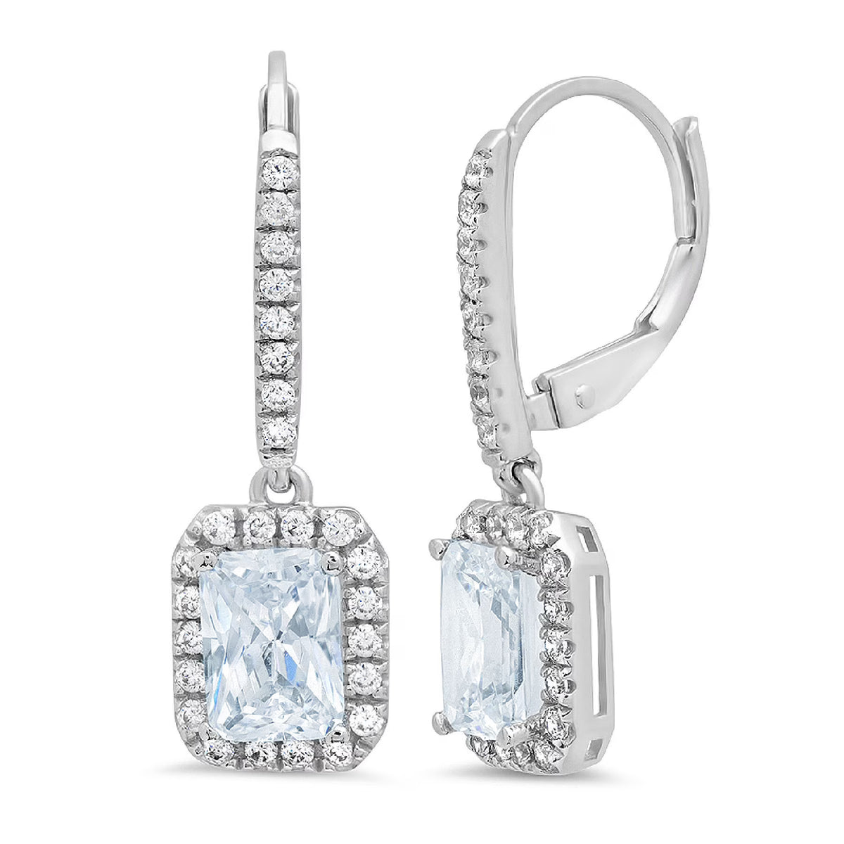 14K White Gold Emerald Cut Halo Drop Dangle Earrings L348
