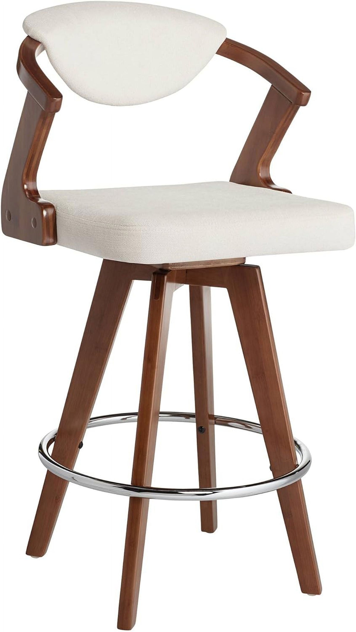 Walnut Bamboo Swivel Stool Brown 26 1/2" High Ivory Velvet Upholstered Cushion with Backrest Footrest M176