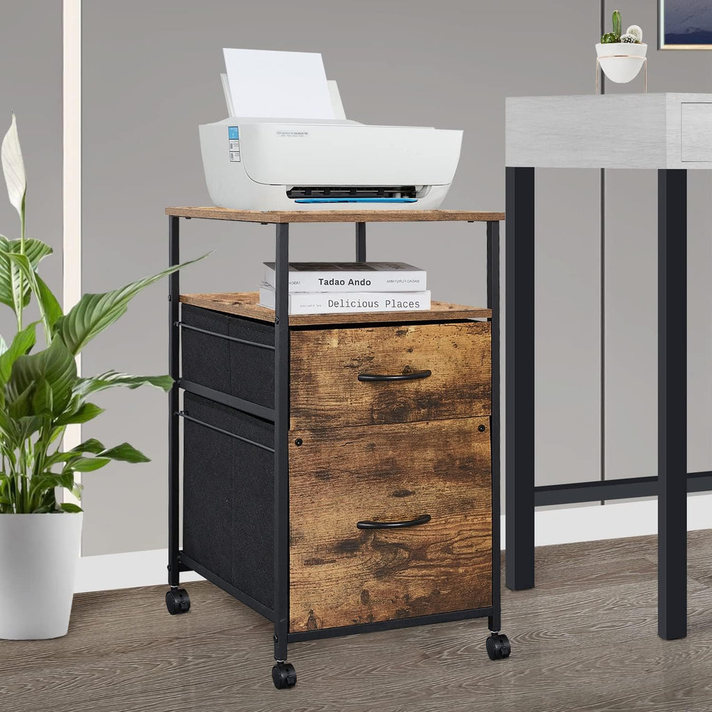 Rustic Brown Black 2 Drawer Rolling File Cabinet with Shelves D741