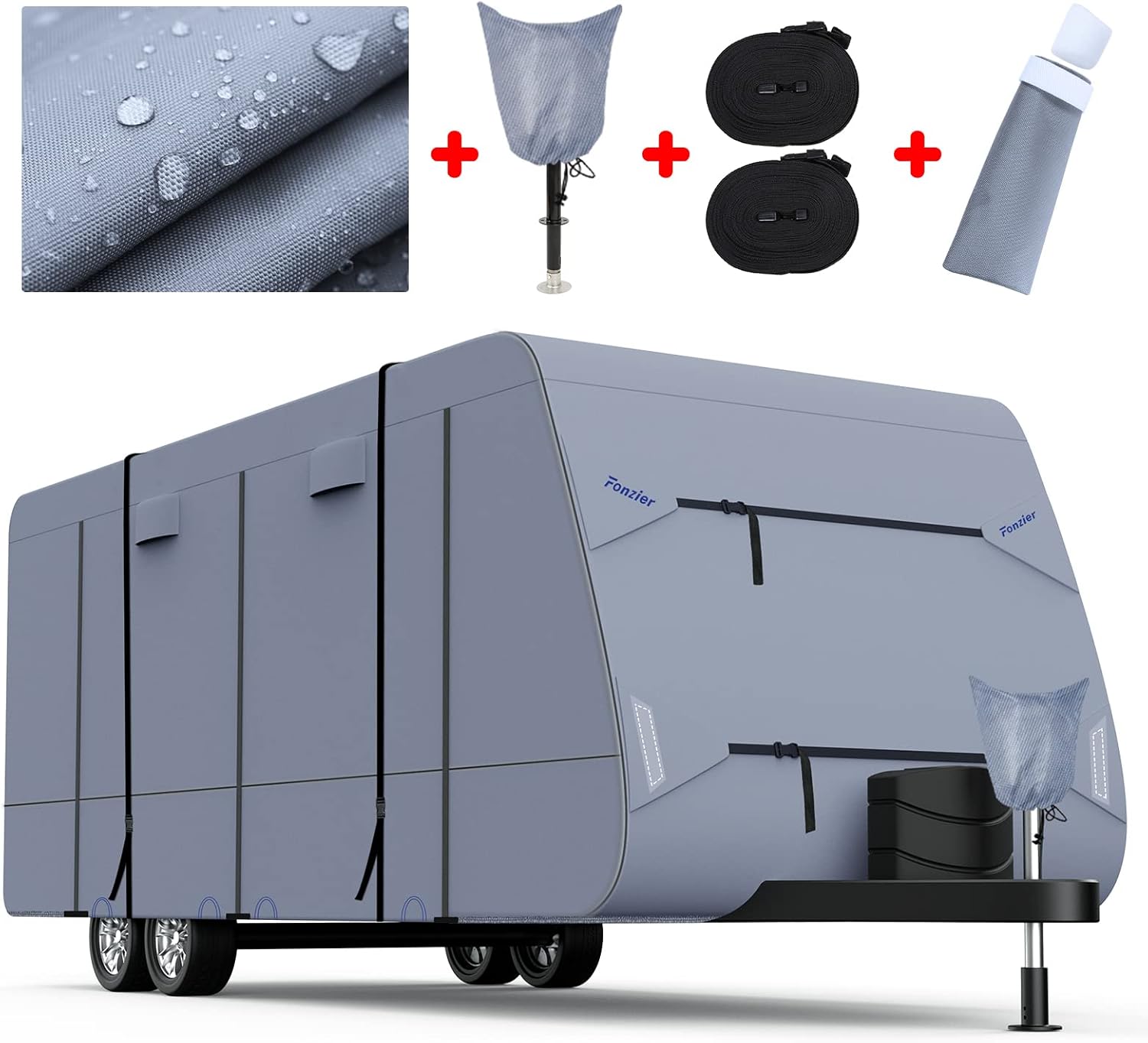 Waterproof 210D Travel Trailer RV Cover with 4 Gutter Spout Covers L51097