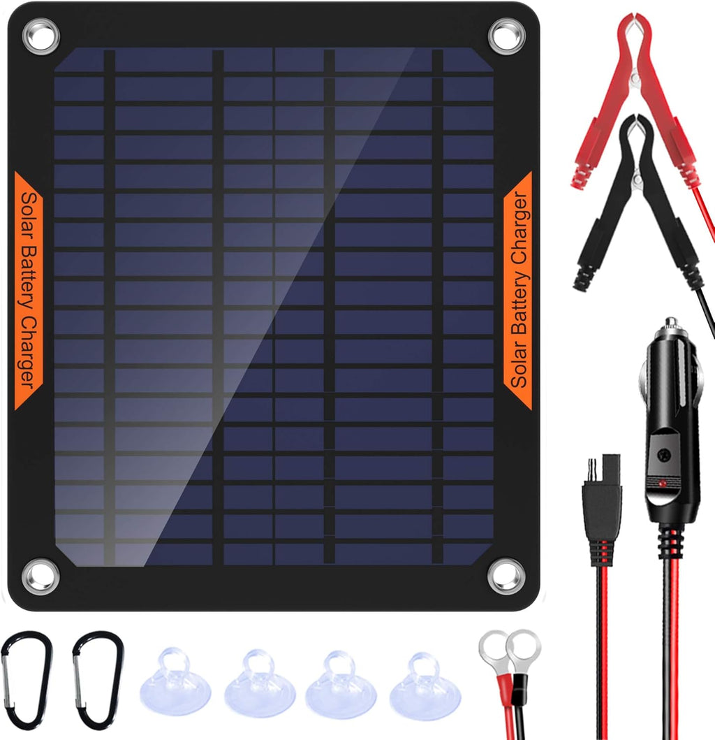 10W 12V Solar Panel Car Battery Charger Portable Waterproof Trickle Charger & Maintainer with Cigarette Lighter Plug & Alligator Clip Pack of 2 V2042