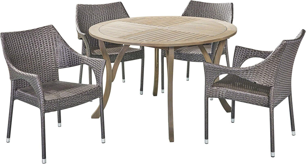 Teak Acacia Wood and Wicker 5 Piece Outdoor Dining Set B454