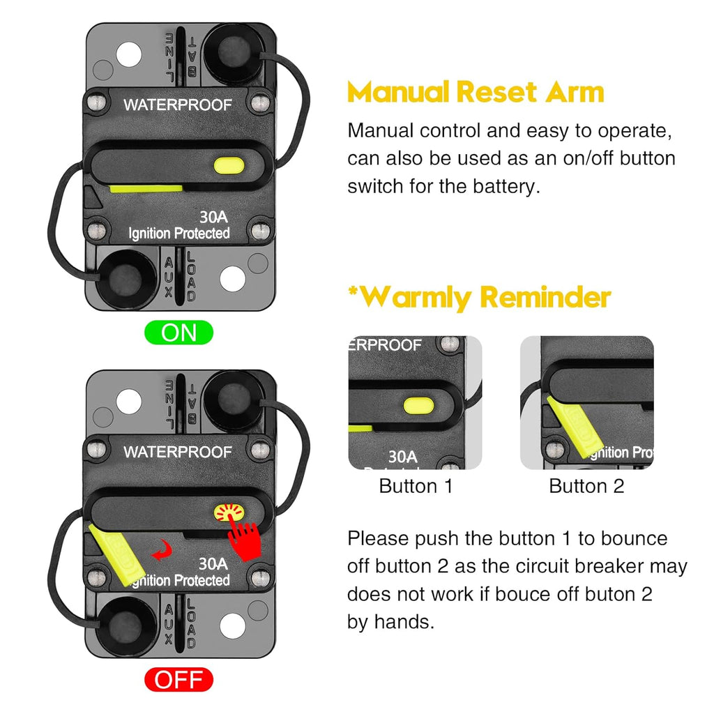 30 Amp Circuit Breaker, Inline Fuse Inverter with Manual Reset, 12V-48V DC Water Proof, Surface Mount-30A, Pack of 2 P270
