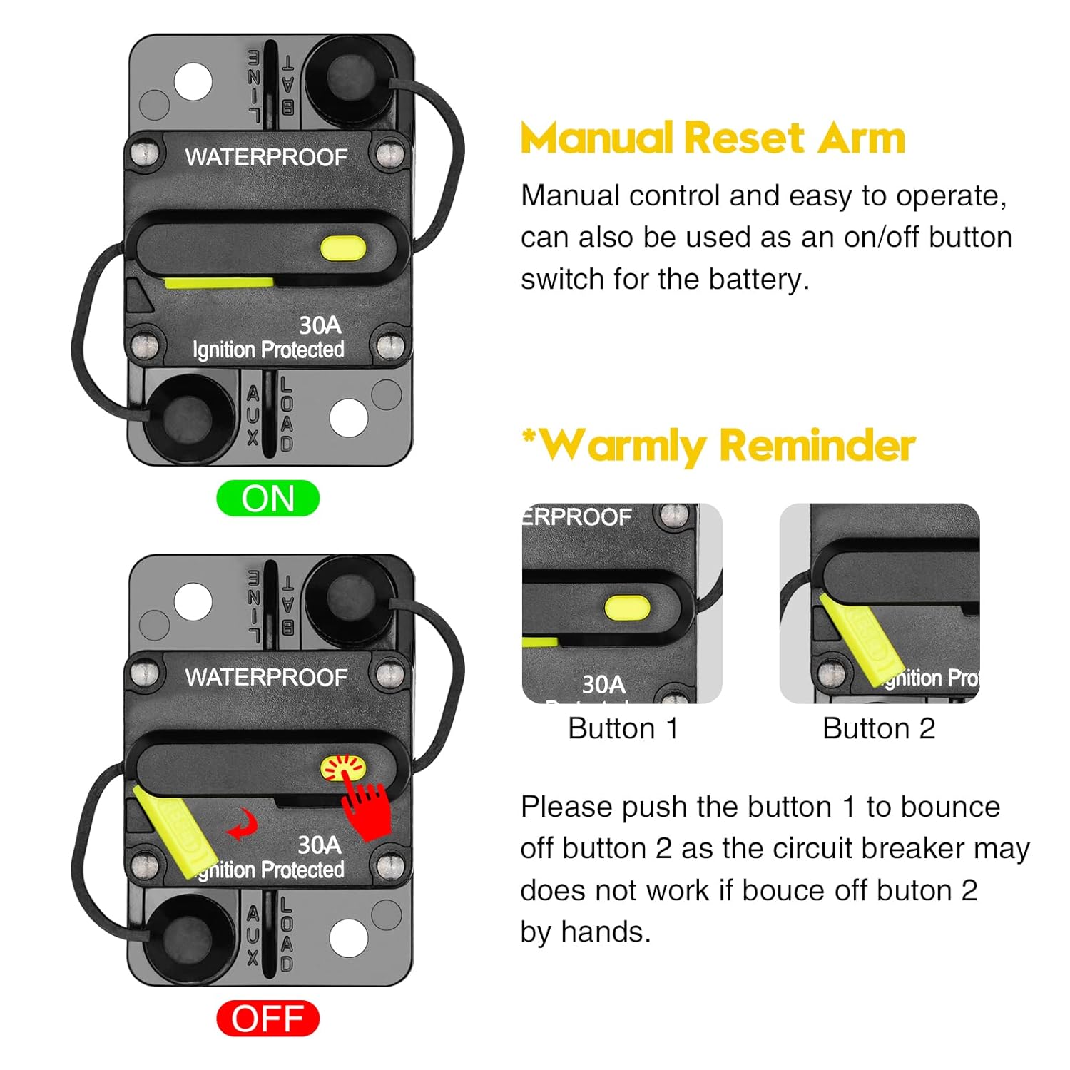 30 Amp Circuit Breaker, Inline Fuse Inverter with Manual Reset, 12V-48V DC Water Proof, Surface Mount-30A, Pack of 2 P270