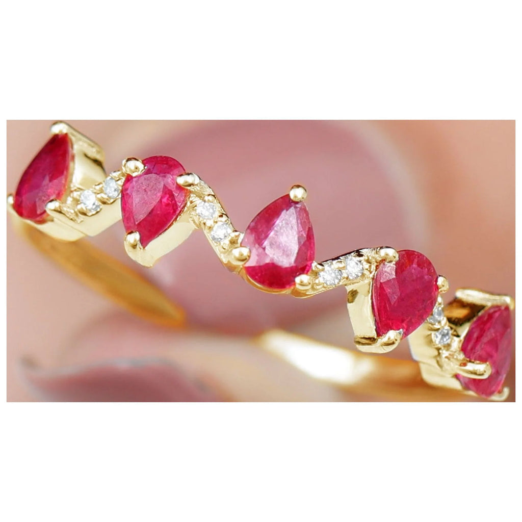 Pear Cut Ruby and Diamond Half Eternity Ring, 14K Yellow Gold, US 9.00 S4696