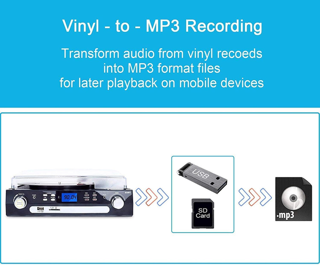 Bluetooth Record Player with Stereo Speakers, AM/FM Radio, Remote Control, Black, Pack of 2 C183671