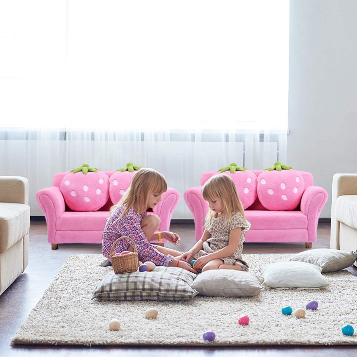 Pink Toddler Couch with Wooden Frame and Coral Fleece Surface S78435