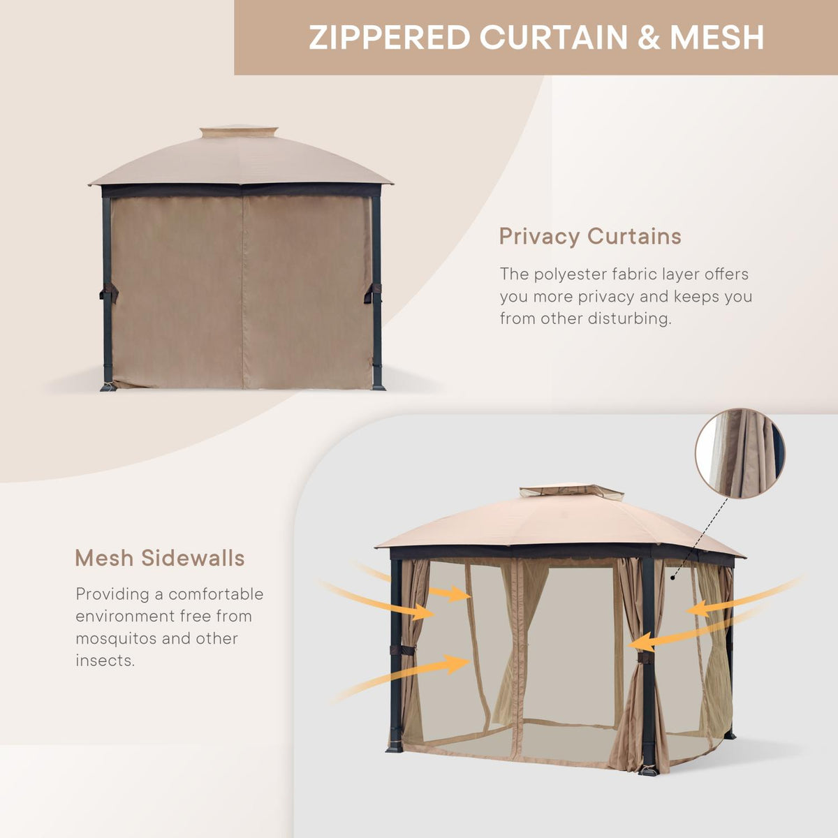 Sand 10x10 Double Roof Gazebo with Mosquito Netting U901166