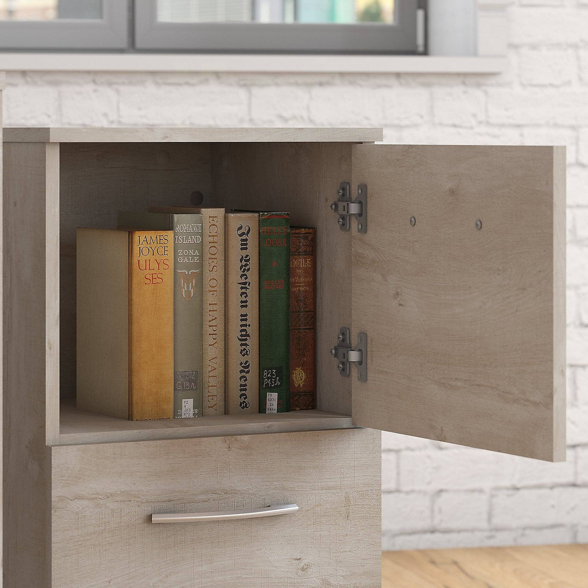 Washed Gray Small Desk with Mobile File Cabinet and Bookcase R334023