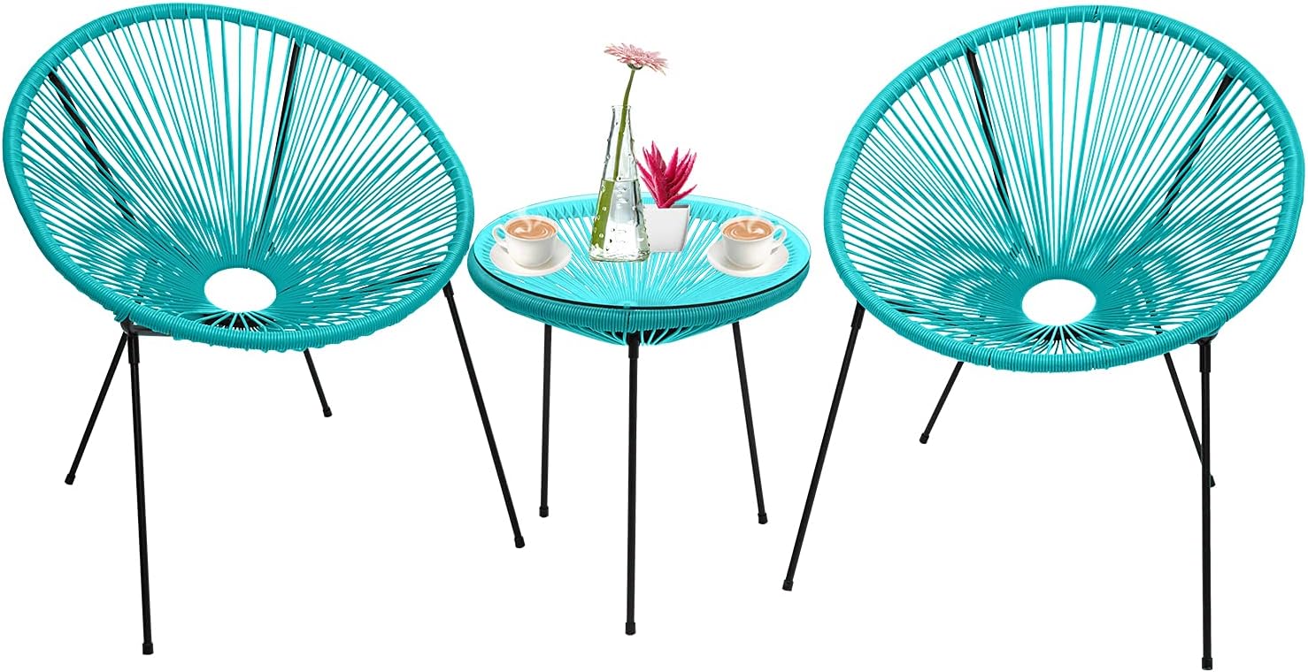 3-Piece Outdoor Acapulco Chair Patio Bistro Set with Glass Top Table (Blue) K965819