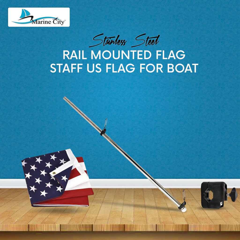 21 inch Stainless Steel Rail Mounted Flag Staff with Black Plastic Flag Pole Base and 12 X 18 inches US Flag N182832