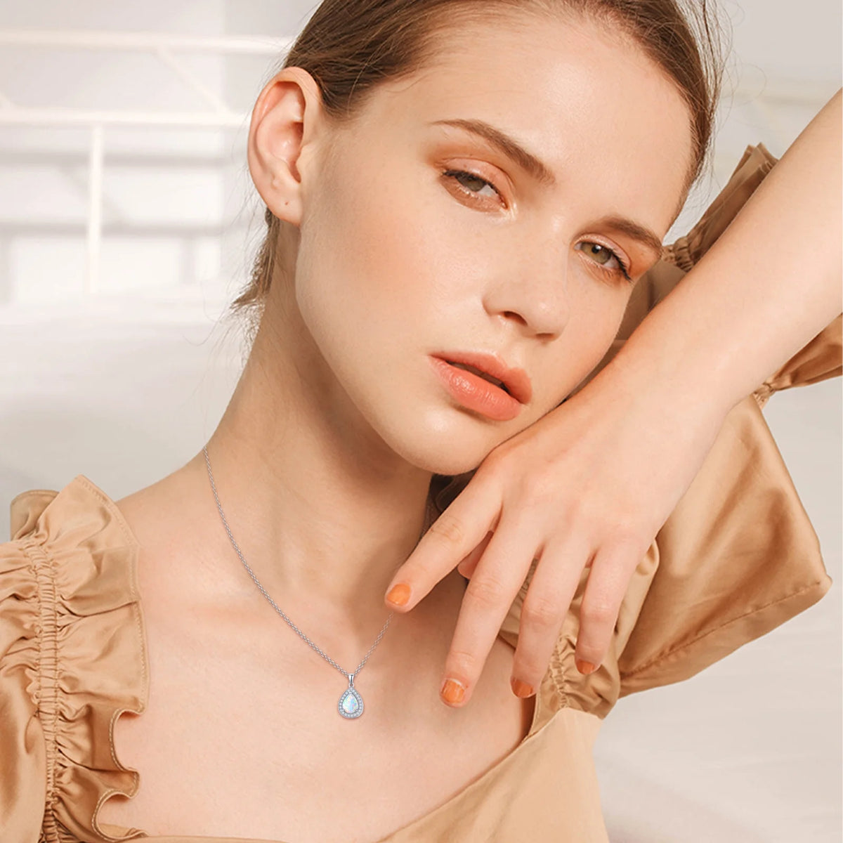 Opal Pendant Necklace 925 Sterling Silver Waterdrop Necklaces 18K White Gold Plated Opal Jewelry P349