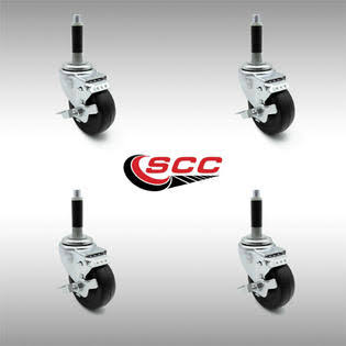 Stainless Steel 3.5 x 1.25 inch Hard Rubber Wheel Casters with Expanding Stem with Brake Set of 4 R925715