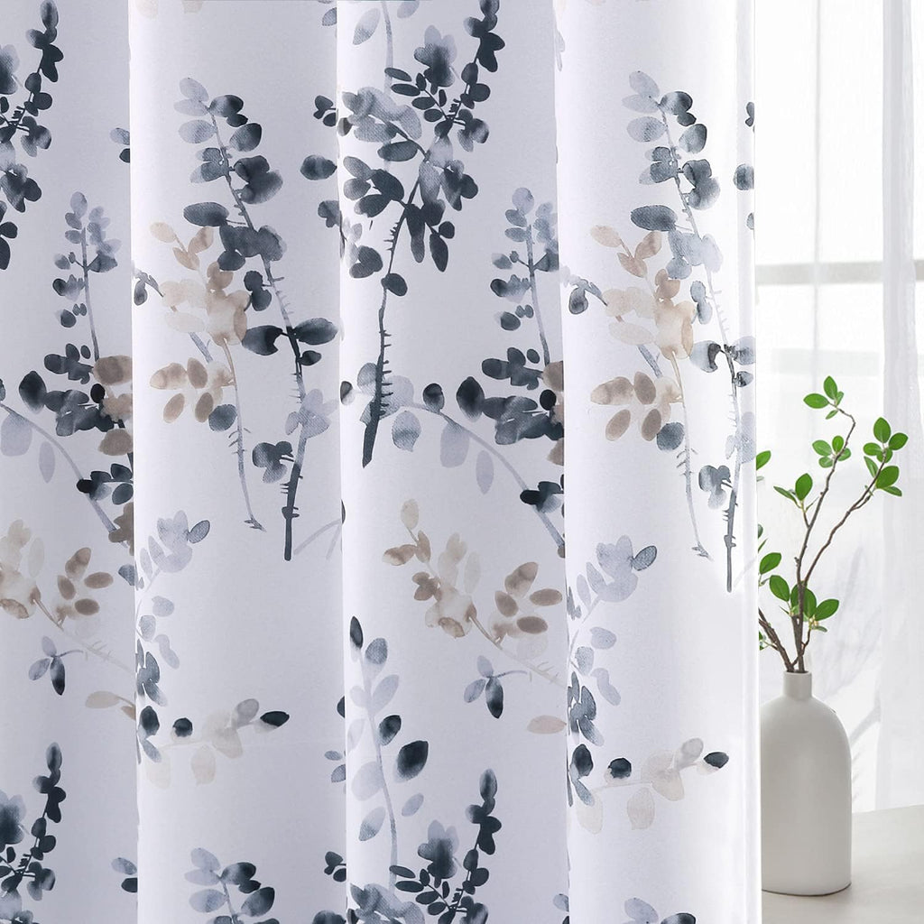 Blackout Grommet Curtains 84 Inch Long, Grey and Turquoise Floral Printing, 2 Panels W19637