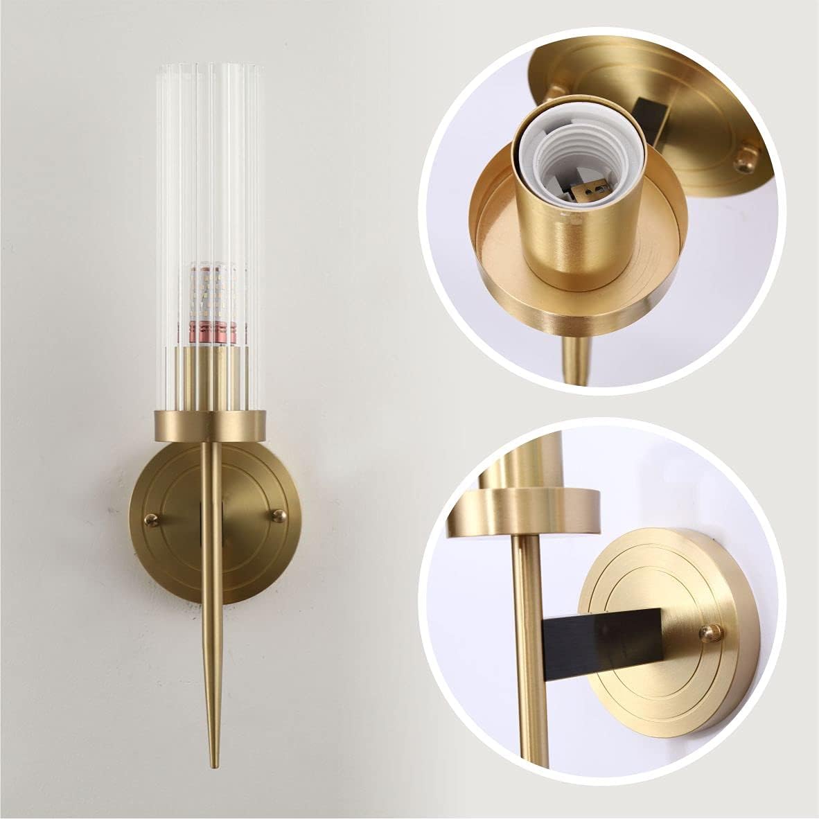 Modern Wall Sconce Clear with Crystal Cylindrical Lampshade 1-Light Brass 2Pack T4025