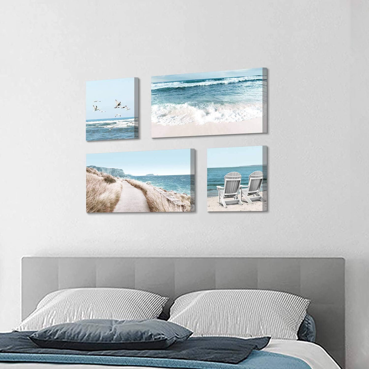 Beach Chairs & Seagulls Canvas Wall Art Print (12''x12''x2pcs+24''x12''x2pcs) F8088