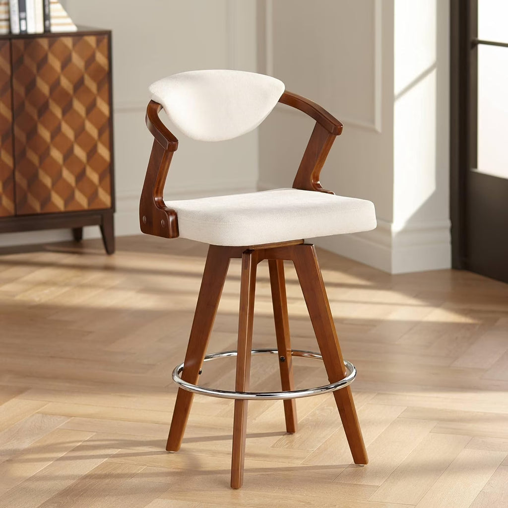 Walnut Bamboo Swivel Stool Brown 26 1/2" High Ivory Velvet Upholstered Cushion with Backrest Footrest M176
