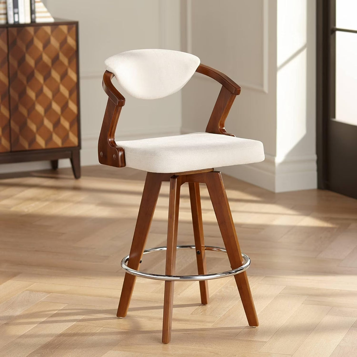 Walnut Bamboo Swivel Stool Brown 26 1/2" High Ivory Velvet Upholstered Cushion with Backrest Footrest M176
