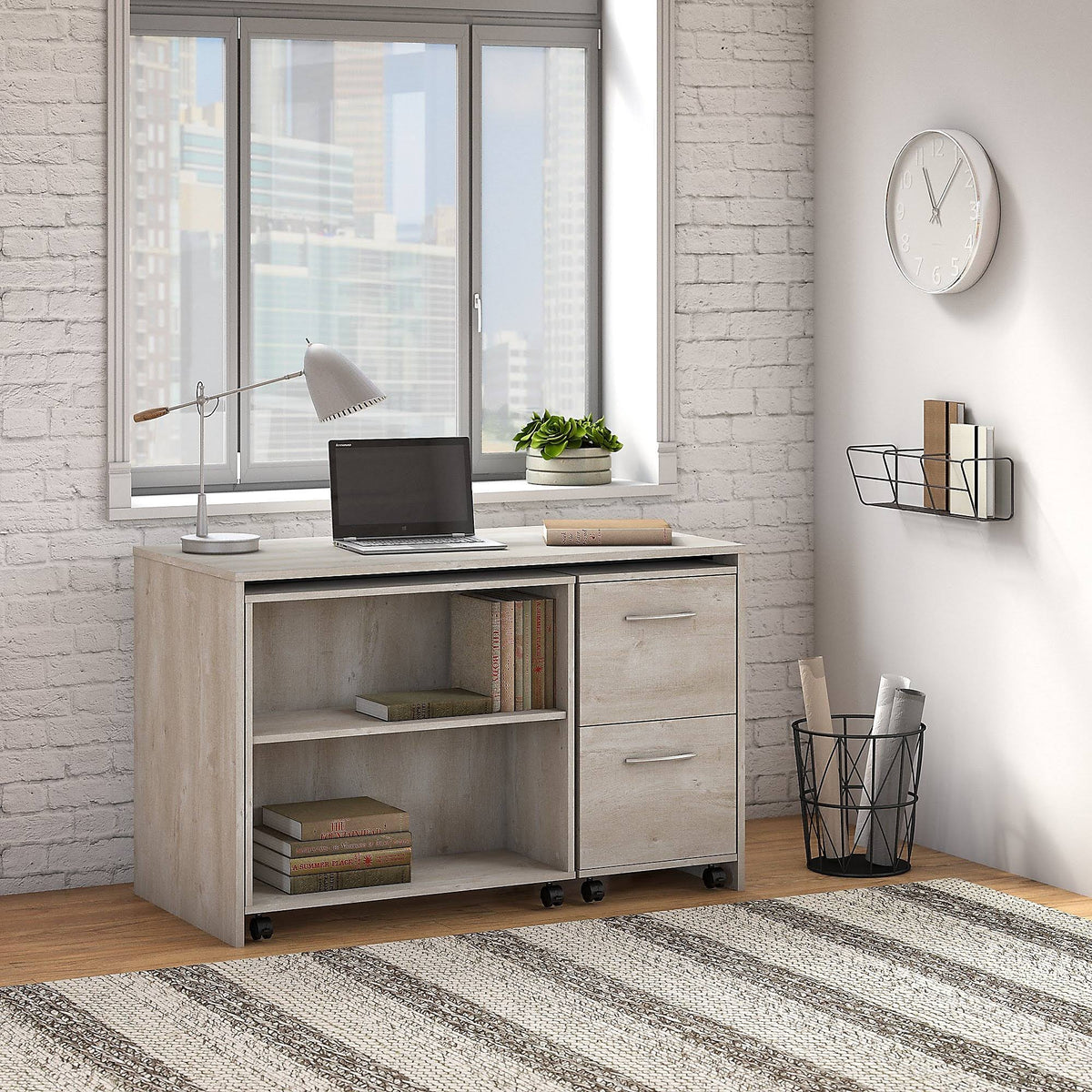 Washed Gray Small Desk with Mobile File Cabinet and Bookcase R334023