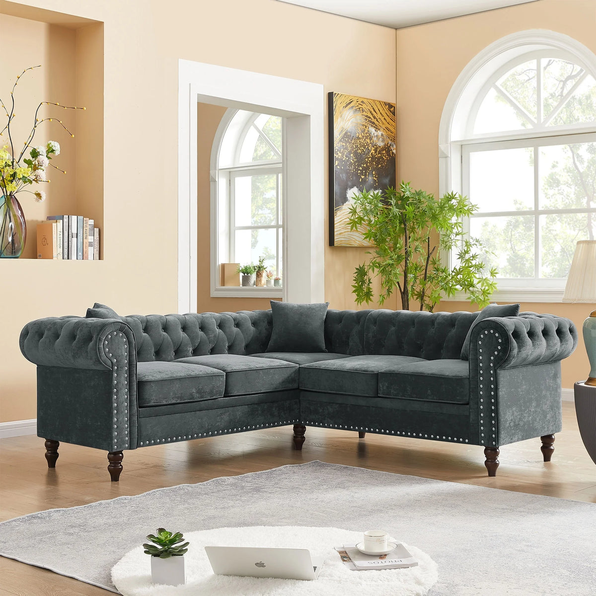 Grey Button Tufted Upholstered Chesterfield L-Shaped Sofa E500