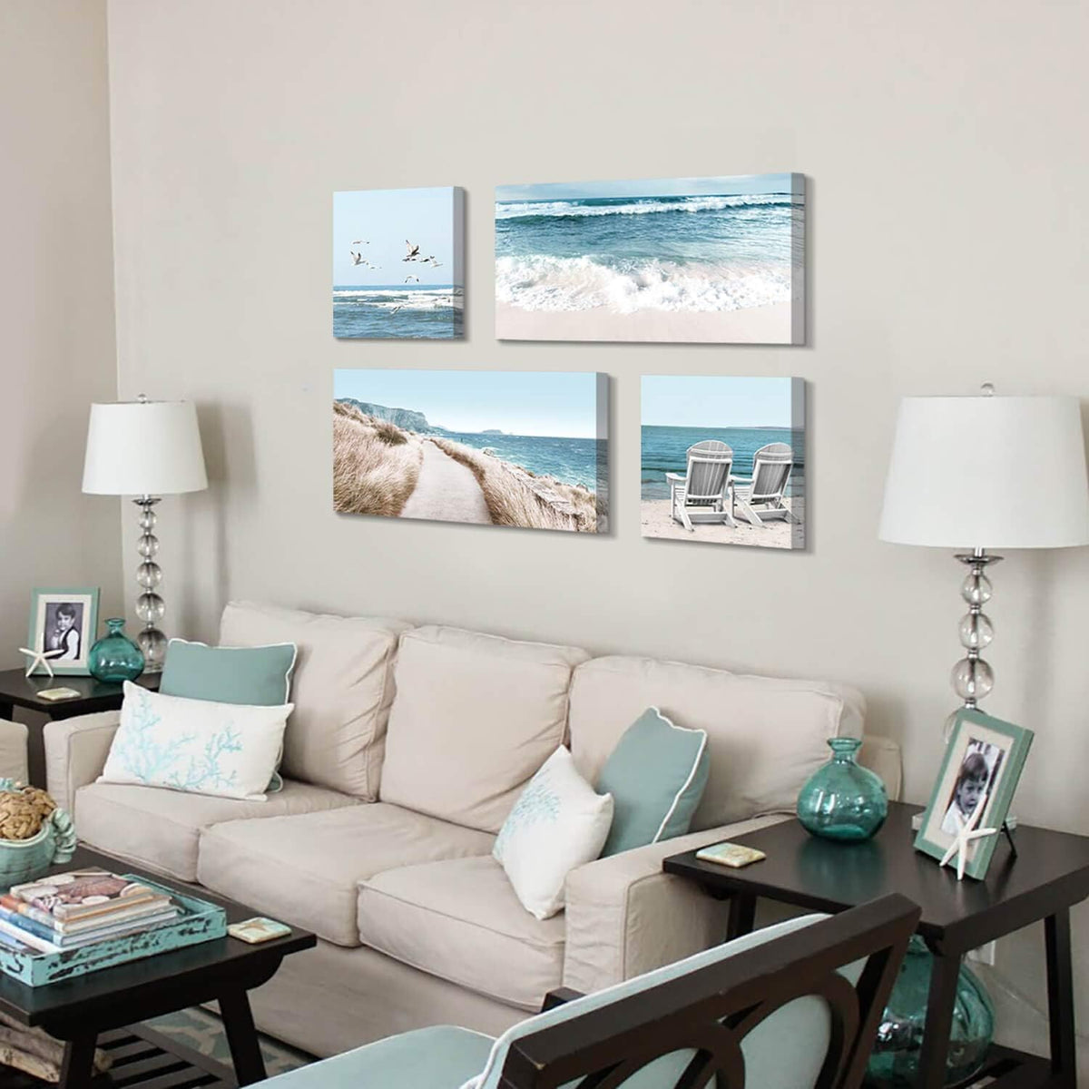 Beach Chairs & Seagulls Canvas Wall Art Print (12''x12''x2pcs+24''x12''x2pcs) F8088