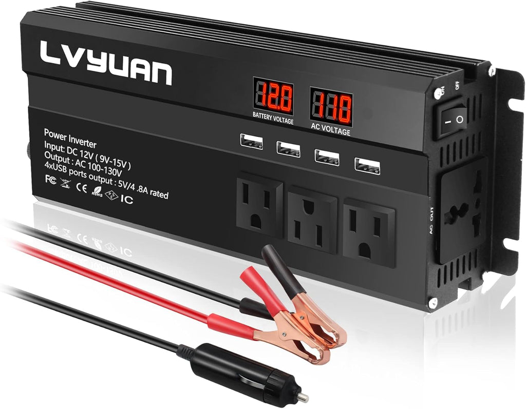 1000W/2000W Surge Car Power Inverter DC 12V to 110V AC with 4 Outlets, 4 USB Ports and LED Display, Black Pack of 2 O4954