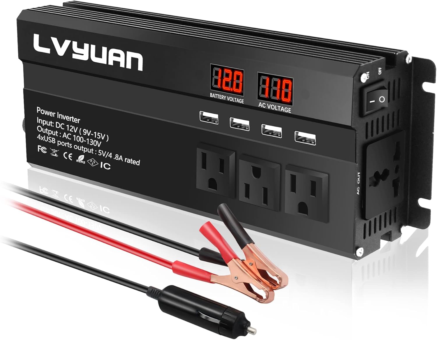 1000W/2000W Surge Car Power Inverter DC 12V to 110V AC with 4 Outlets, 4 USB Ports and LED Display, Black Pack of 2 O4954