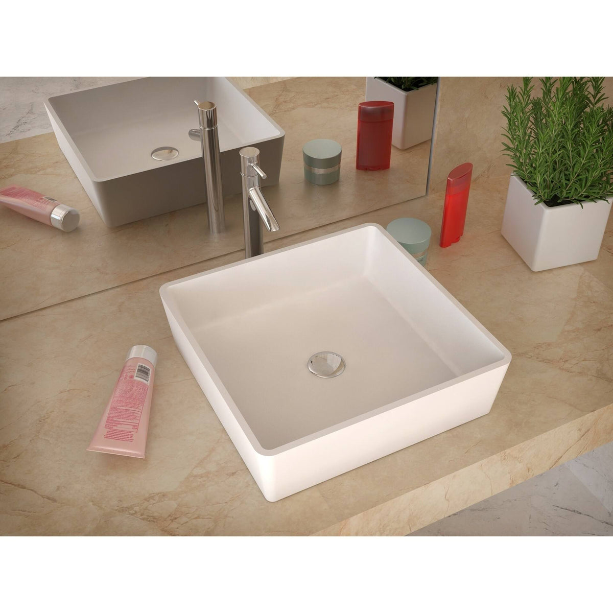 Matte White Solid Surface Vessel Sink with Pop Up Drain R9925
