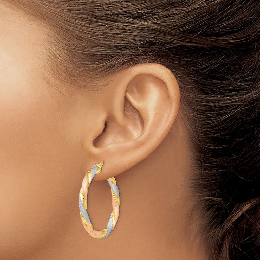 Tri-color Gold Twisted Hinged Hoop Earrings F872