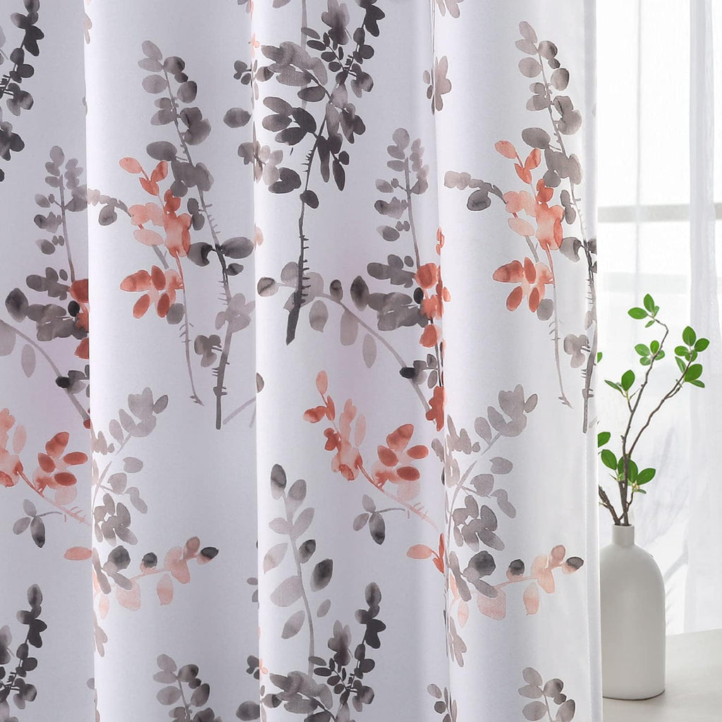 Blackout Grommet Curtains 84 Inch Long, Grey and Turquoise Floral Printing, 2 Panels W19637